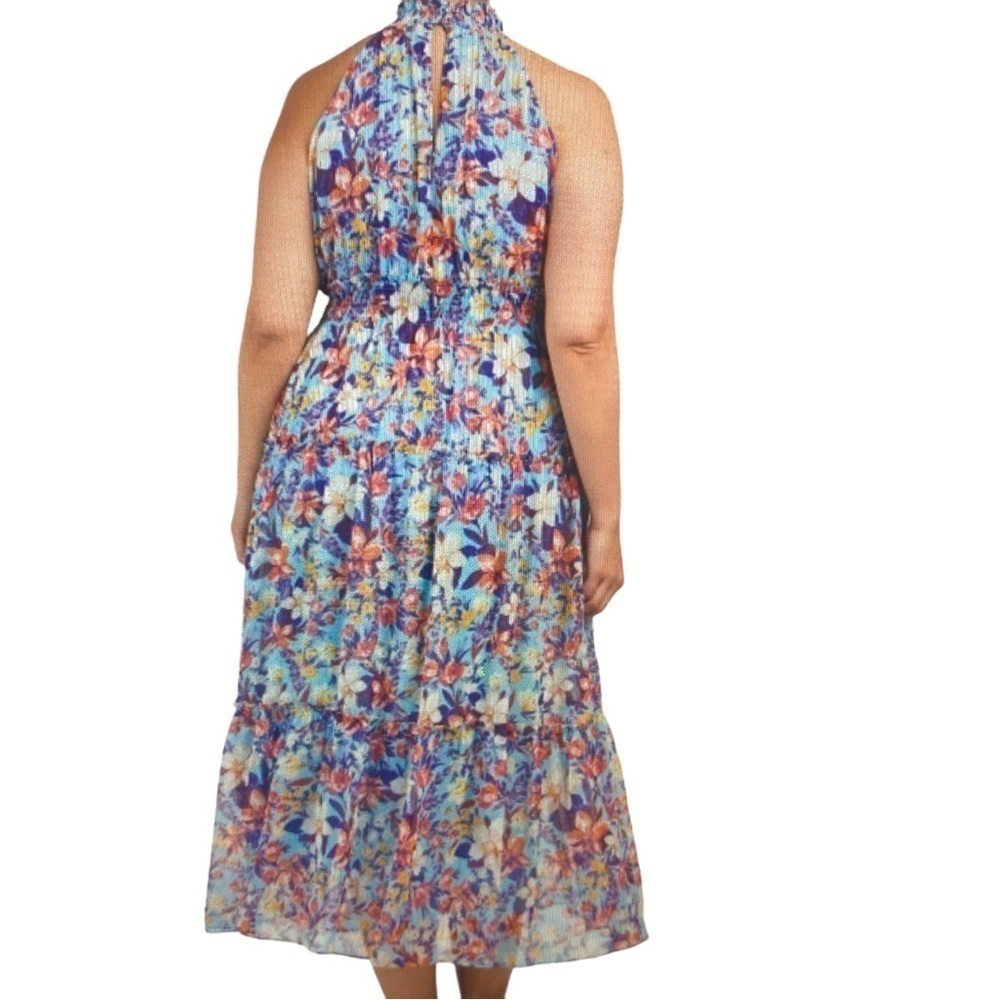 Taylor Blue Floral Halter Top Smocked Waist Sleeveless Maxi Dress - Size 16 - Picture 2 of 2